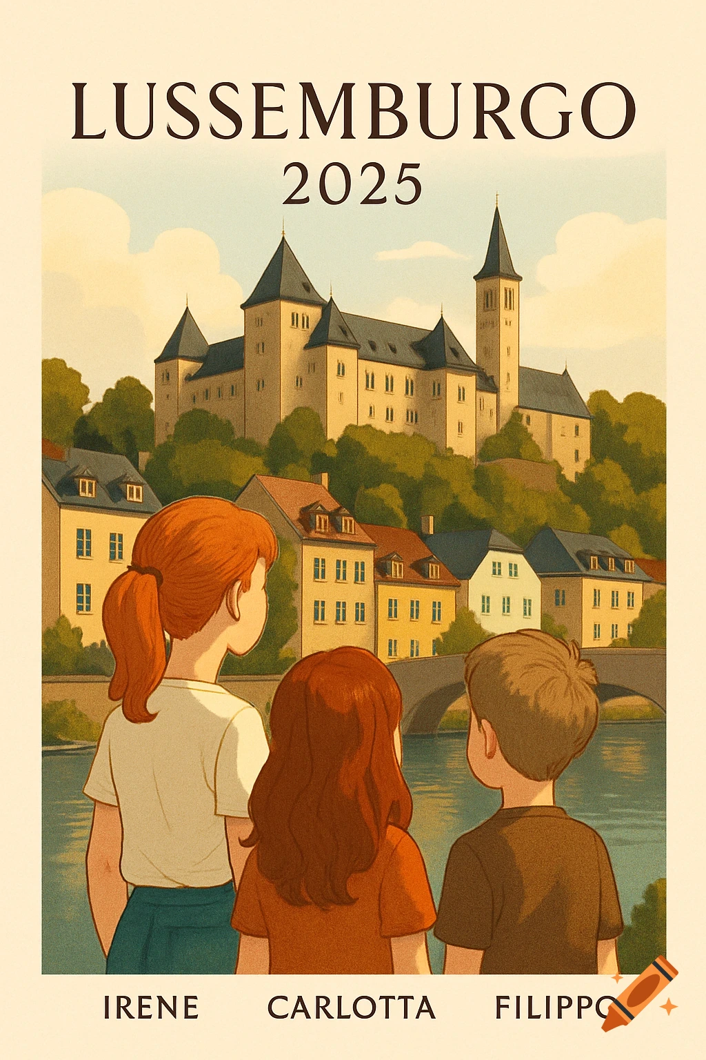 Stylized illustration of three children viewing a castle and town by a river, with text 'LUSSEMBURGO 2025'.