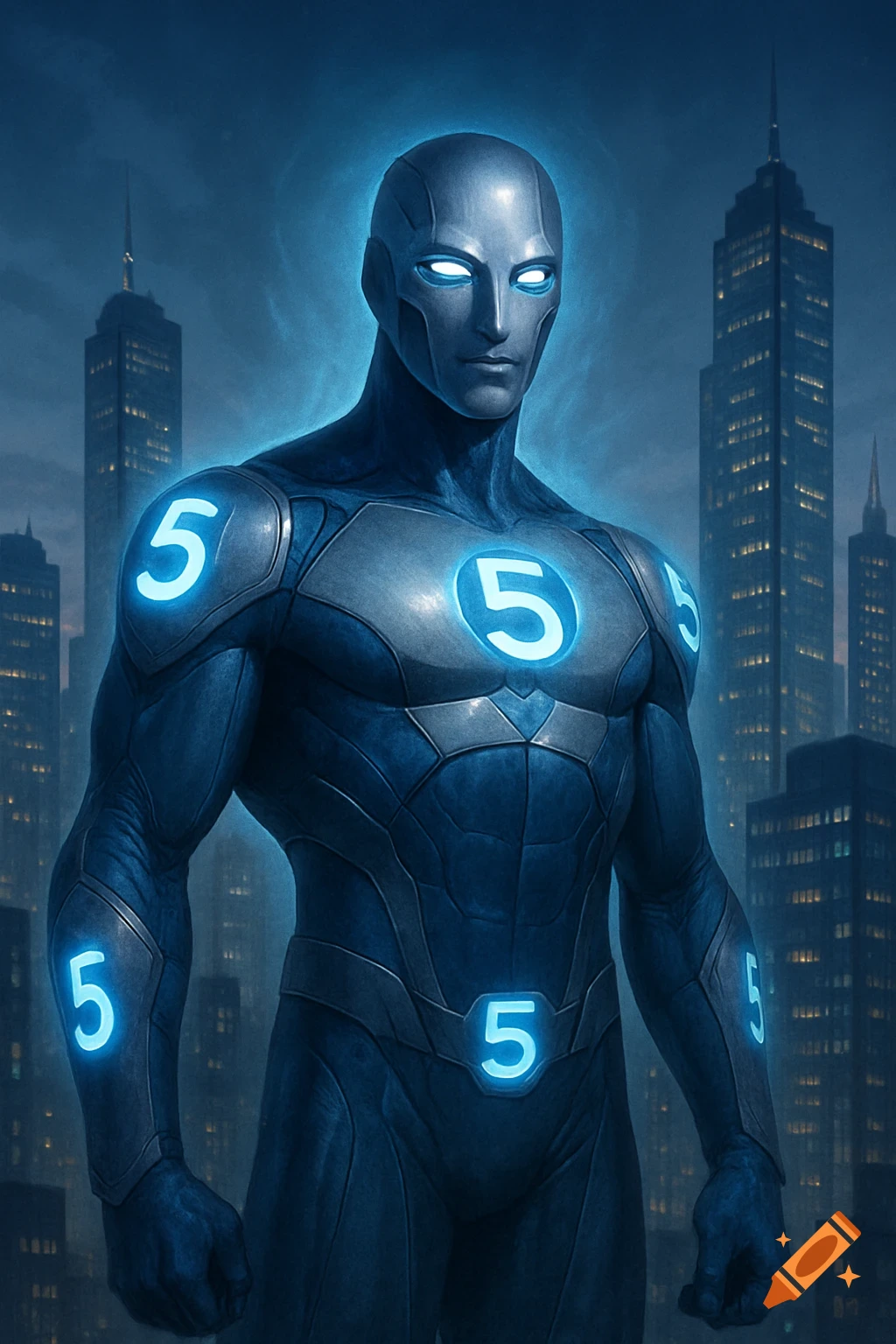Male superhero in sleek silver and cobalt blue armor with glowing '5' insignias, standing confidently against a futuristic city skyline.