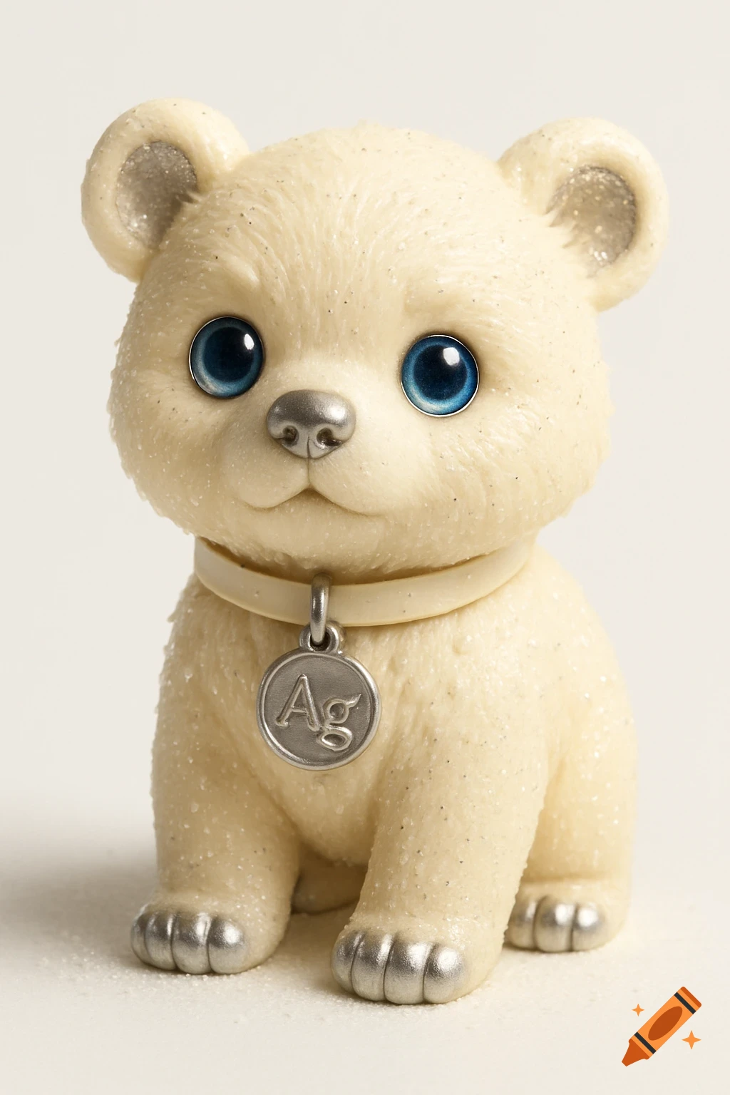 A cream-colored, glittery baby bear figurine with large blue eyes, a silver nose, silver paw tips, and silver ear interiors. It wears a cream collar with a round silver tag reading 'Ag'.