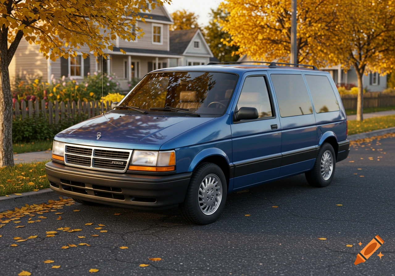 A blue minivan with a roof rack is parked on a suburban street in autumn, with yellow leaves on the ground and trees.