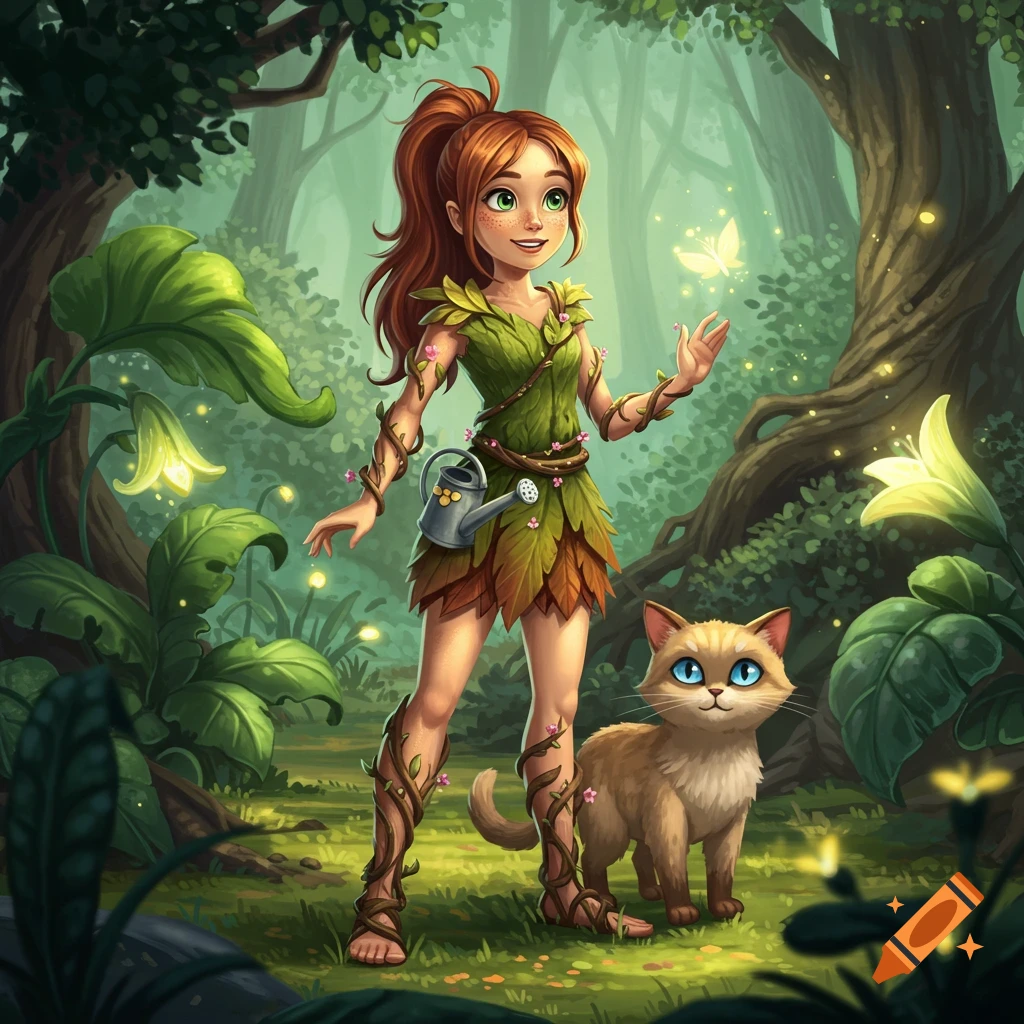 Fantasy illustration of a red-haired girl in a leaf dress with a watering can, standing with a beige cat in a magical forest with glowing plants.
