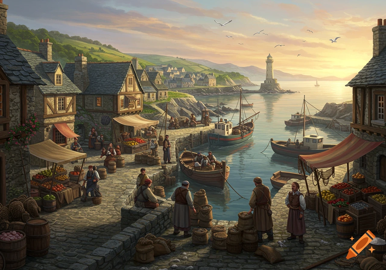 A detailed illustration of a bustling medieval fishing port with market stalls, boats, stone buildings, a lighthouse, and green hills at sunset.