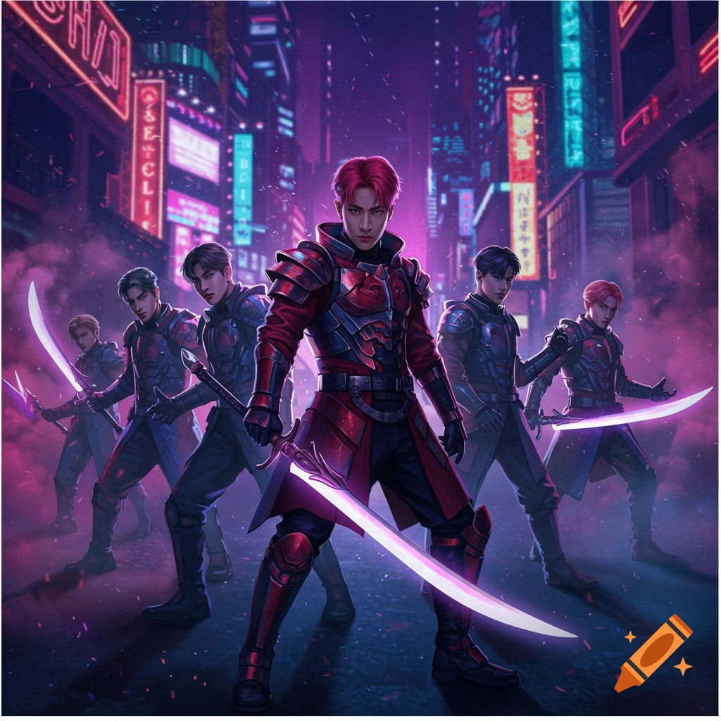 Five male demon hunters in armored outfits pose with glowing swords in a vibrant, neon-lit cyberpunk city at night.