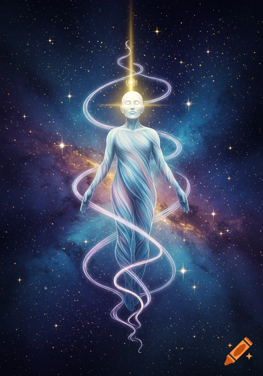 A glowing, stylized human figure with light trails floats in a starry cosmic background with nebulae.