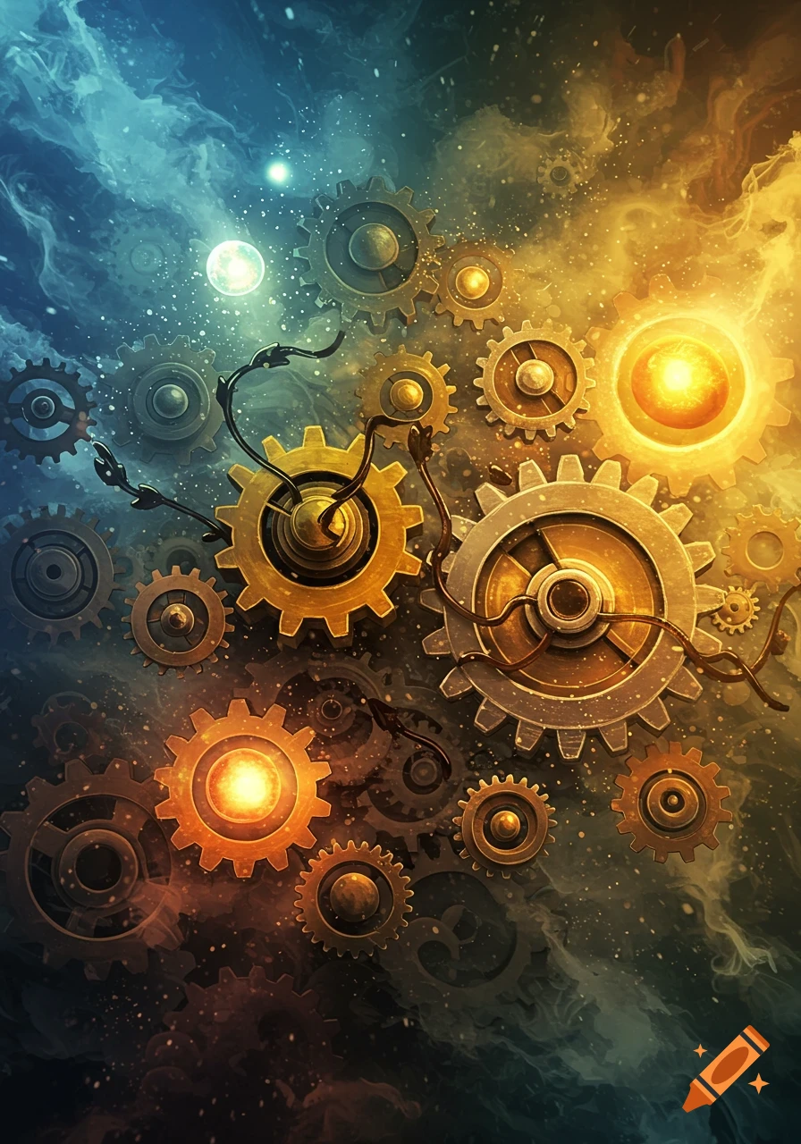 Golden and silver gears intertwined with dark tendrils against a cosmic background, transitioning from blue to orange, with a moon and stars.