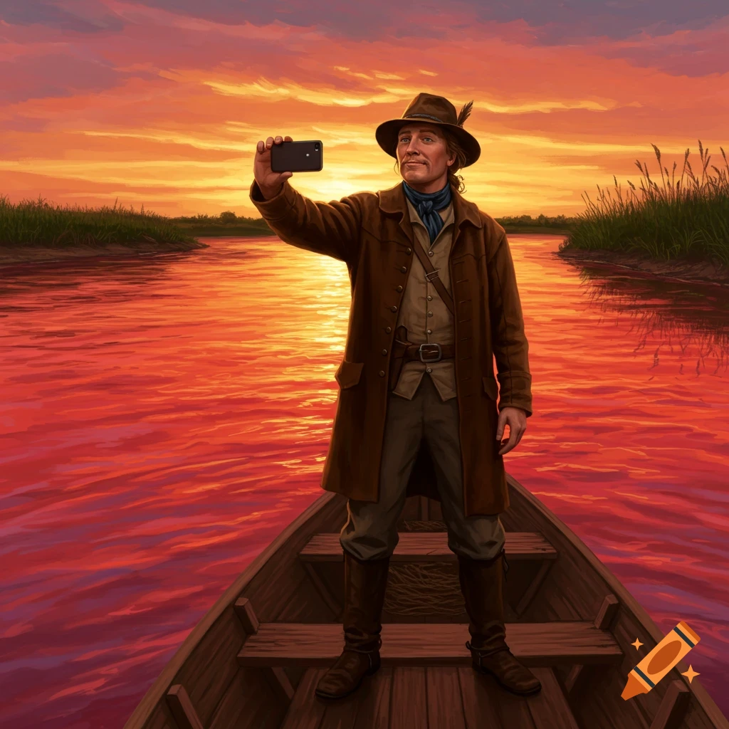 An illustrated man in historical attire stands in a boat on a red river at sunset, taking a selfie.