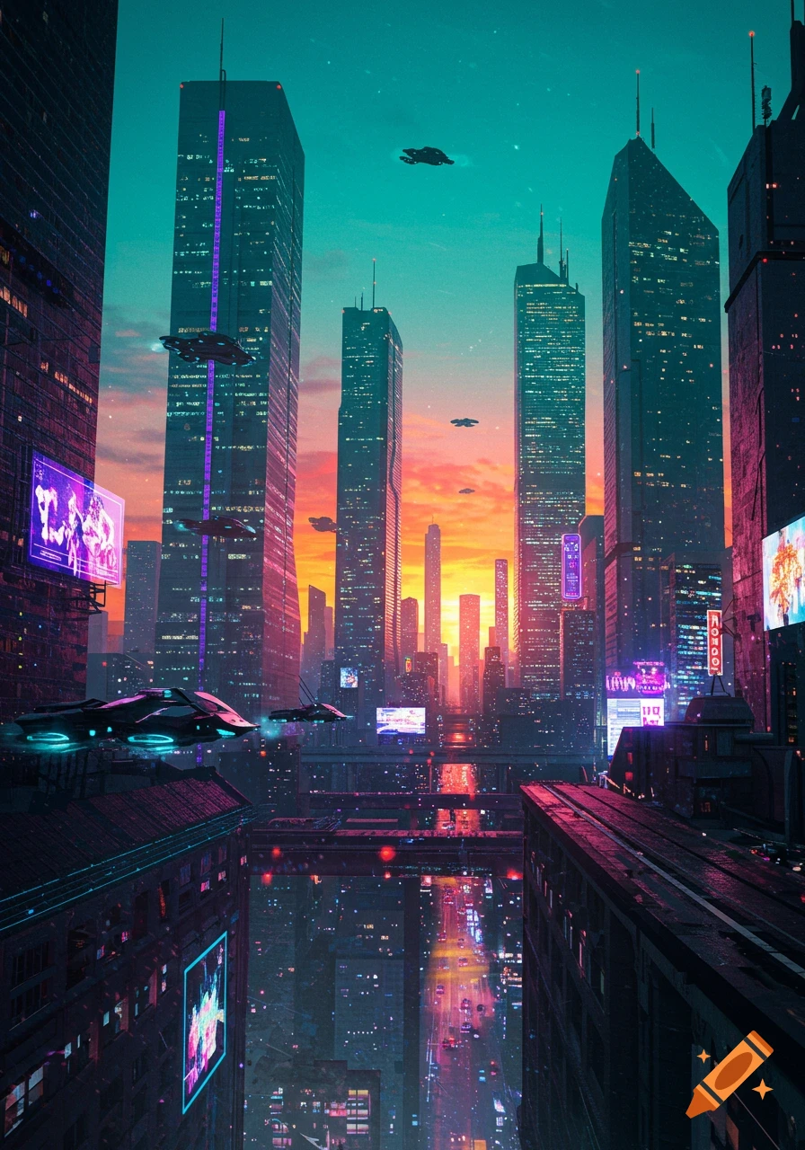 A vibrant cyberpunk city skyline at sunset, with flying vehicles and glowing neon signs on tall skyscrapers.