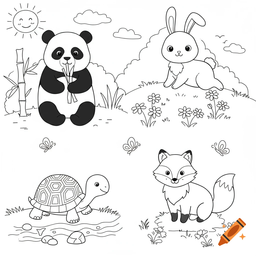 Black and white line drawing for a coloring book featuring a panda, rabbit, turtle, and fox in nature.