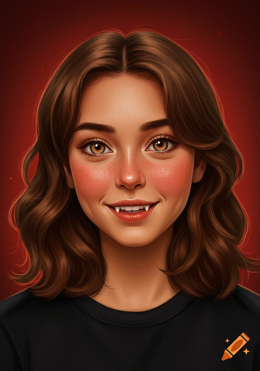 Digital portrait of a smiling young woman with brown wavy hair, freckles, rosy cheeks, bright brown eyes, and subtle fangs.