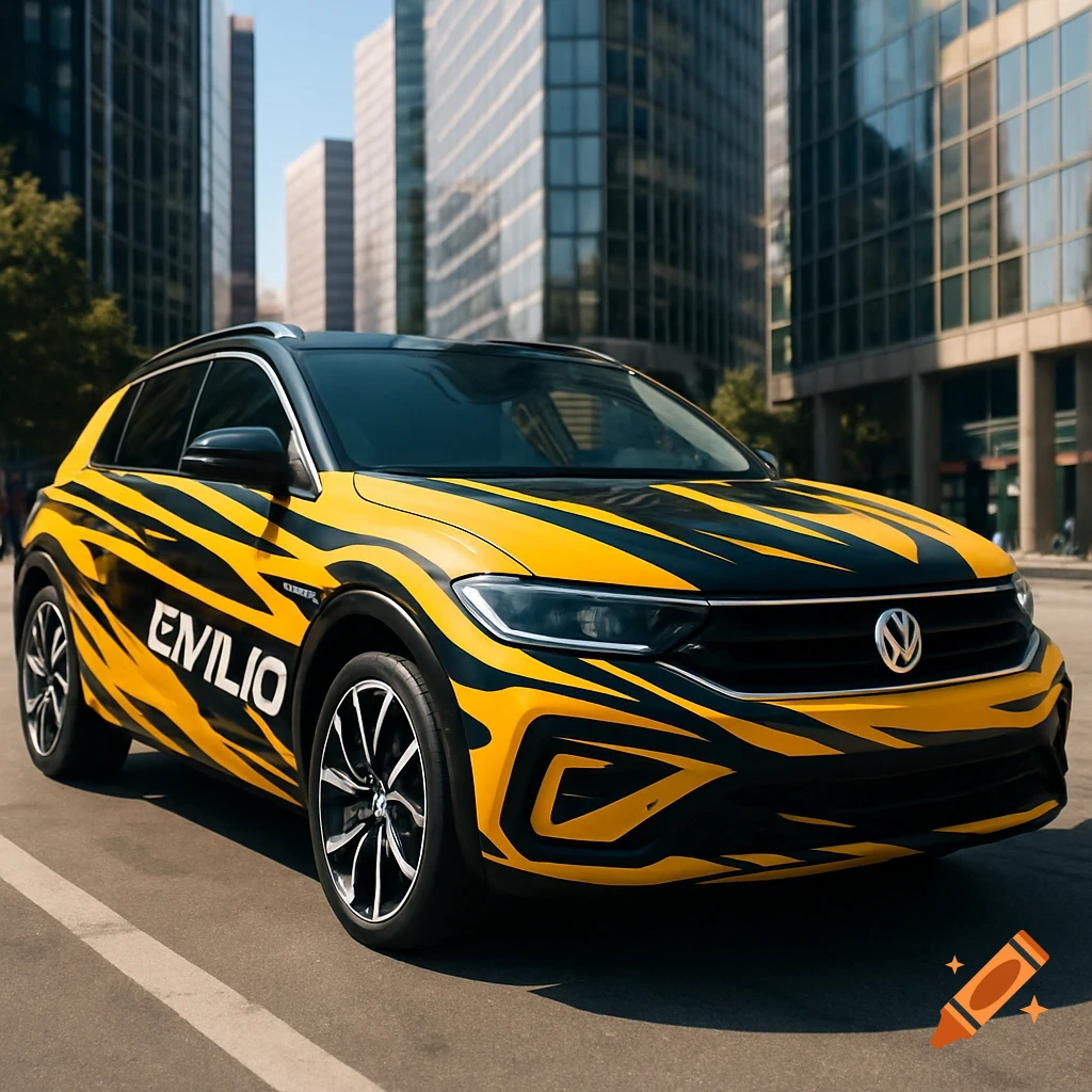 Ultra-realistic Volkswagen T-Roc car with yellow and black racing wrap, featuring "EMILIO" text, in an urban setting.