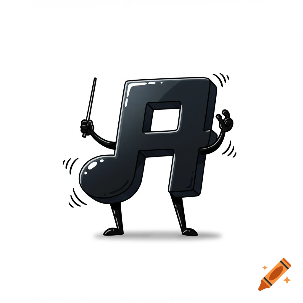 Cartoon musical note character holding a conductor's baton on a white background, in a playful illustration style.