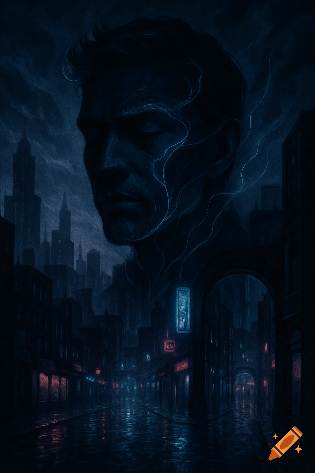 A large, dark blue face with closed eyes overlooks a rainy, neon-lit city street at night, in a moody digital art style.