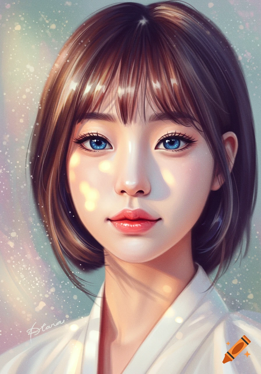 Close-up digital painting of a young woman with short brown hair, bangs, blue eyes, and a subtle smile, illuminated by soft glowing light.