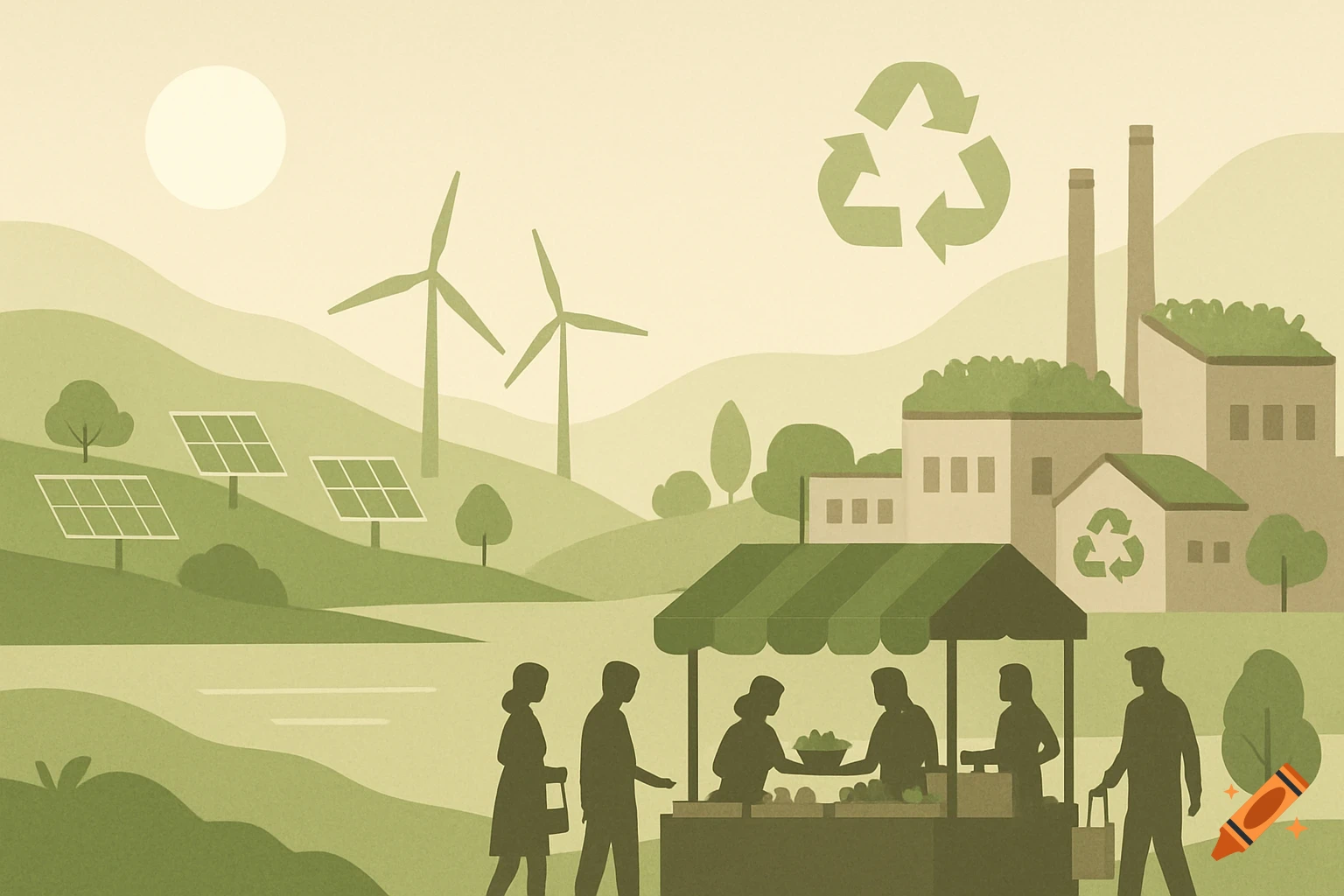 Infographic-style illustration of a sustainable landscape with solar panels, wind turbines, eco-friendly factories, and a farmer's market.