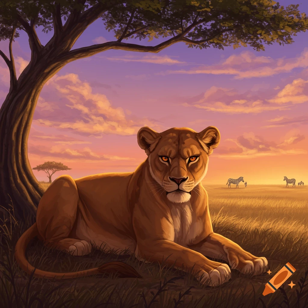 Grumpy lioness with glowing orange eyes rests under a tree in a savanna at sunset, with zebras in the background. Digital art.