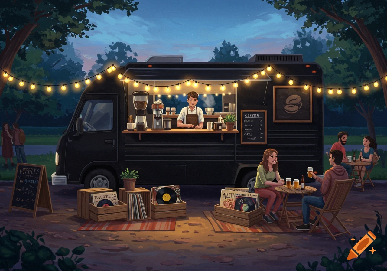 A black coffee food truck with a barista serves customers sitting at outdoor tables, surrounded by string lights and crates of vinyl records at dusk. Illustrated style.
