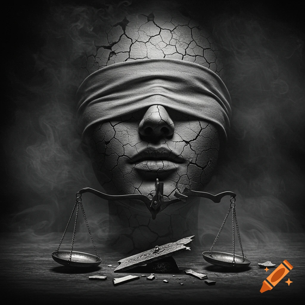 Black and white image of a blindfolded, cracked stone face with a broken balance scale in the foreground, against a smoky background.