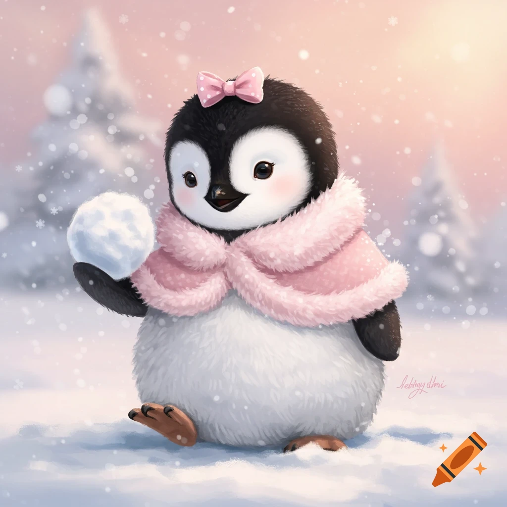 A charming baby penguin with a pink bow and fluffy shawl holds a snowball in a snowy winter wonderland.