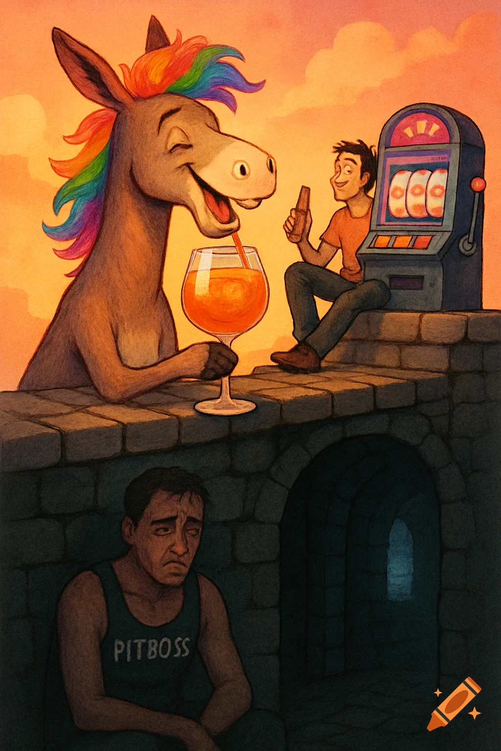 A smiling rainbow-maned donkey drinks from a large glass next to a man playing a slot machine, all on a stone bridge. Below, a sad man in a 'PITBOSS' tank top sits in a dungeon archway.