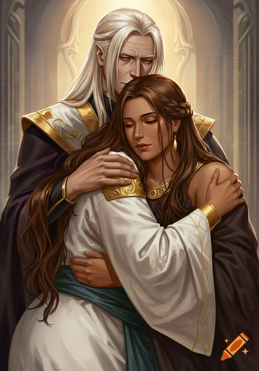 A white-haired man with orange eyes embraces a brown-haired woman with closed eyes, in a fantasy oil painting style.