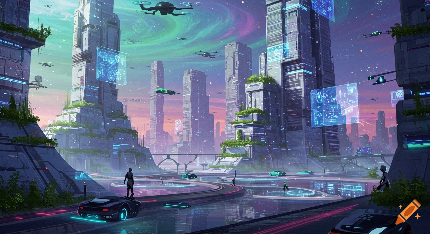 A vibrant futuristic city at twilight with towering skyscrapers, hovercars, flying drones, and glowing roads under a colorful sky.