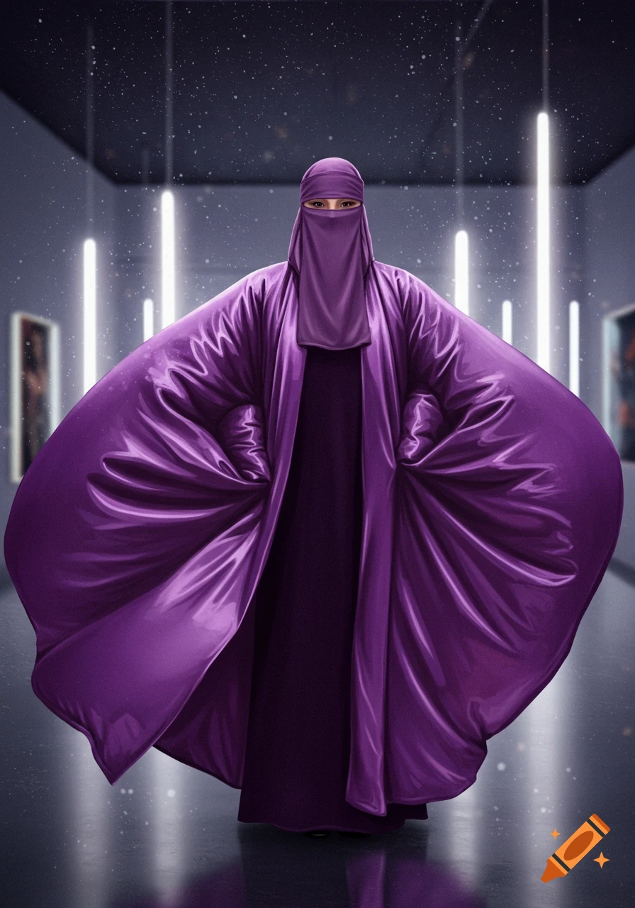 A person in a voluminous, shiny purple inflatable abaya and niqab stands in a dark, modern gallery with glowing vertical lights.