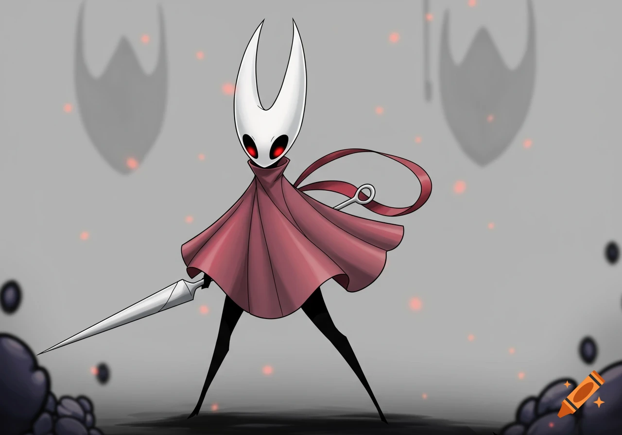 Geometric line art of Hornet from Hollow Knight. A white, bug-like figure with a red cloak and a long needle-like weapon stands against a grey background.
