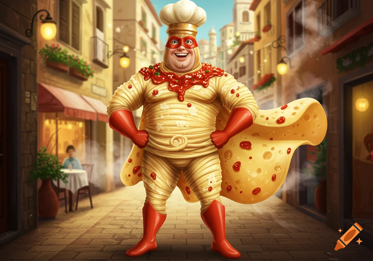 A cheerful, portly spaghetti superhero in a chef's hat, red mask, and boots poses confidently on a vibrant Italian street.
