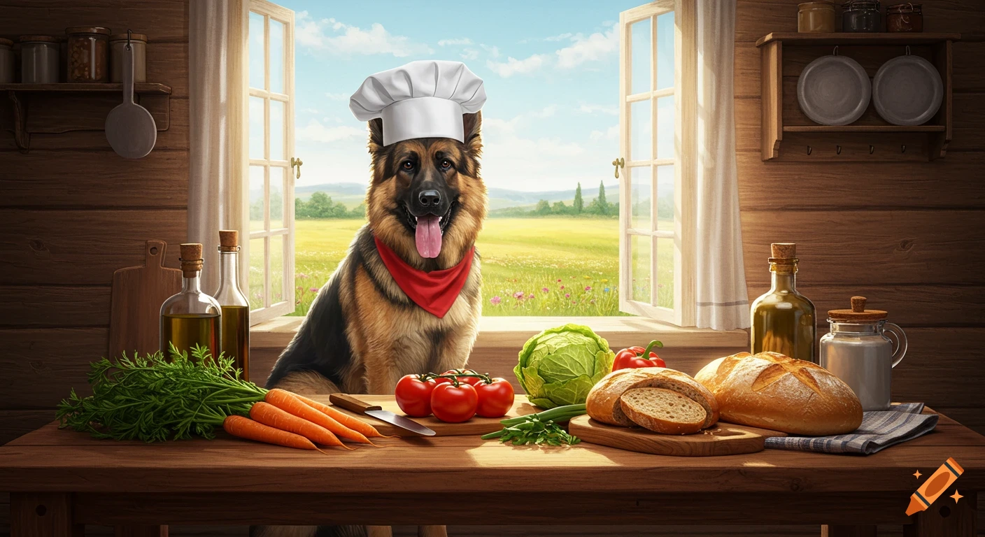 Photorealistic German Shepherd chef in a rustic kitchen with fresh vegetables and bread, sunny window view.