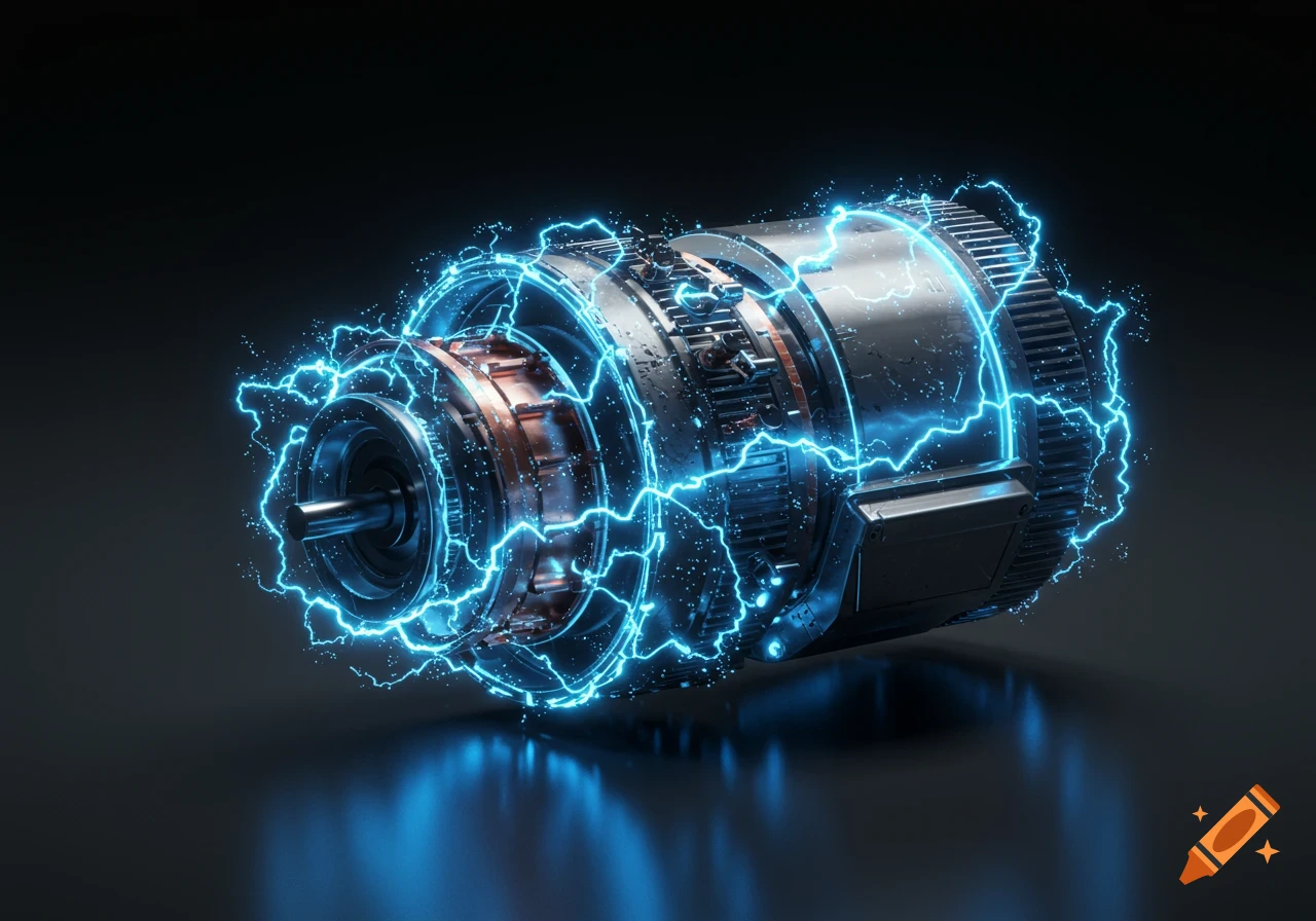 A detailed electric motor with copper components surrounded by bright blue electrical bolts against a dark background.