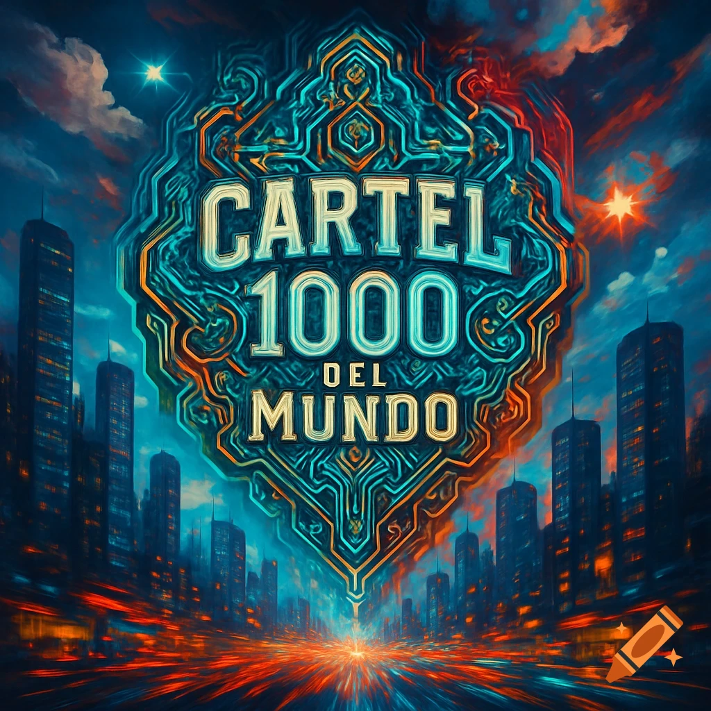 Stylized digital art with 'CARTEL 1000 DEL MUNDO' text over a glowing city skyline.
