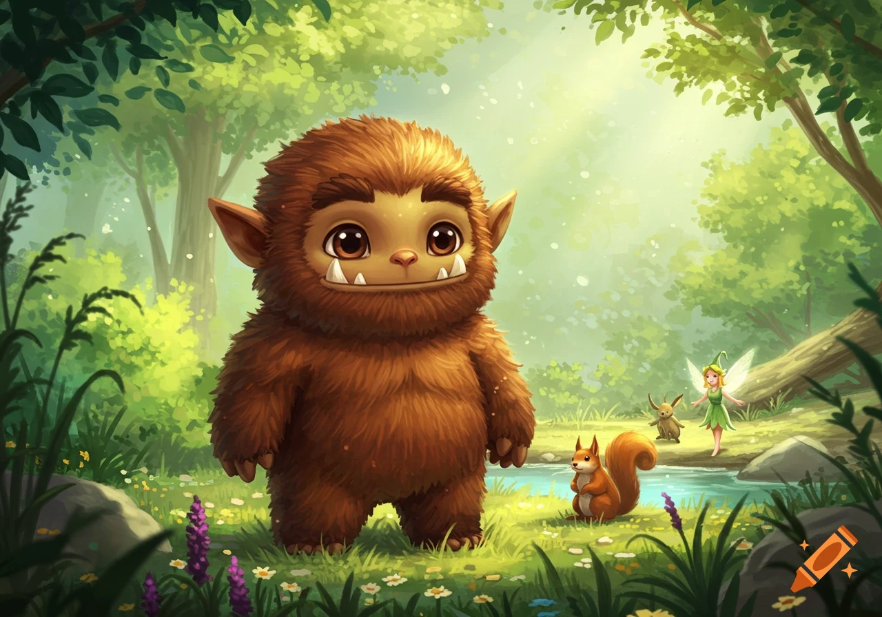 A cute, furry, brown creature with large eyes and tusks stands in a bright green forest with a stream, squirrel, and fairy.