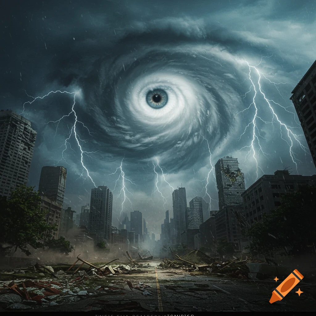 A giant blue eye at the center of a swirling hurricane above a lightning-filled, destroyed city street with collapsed buildings.