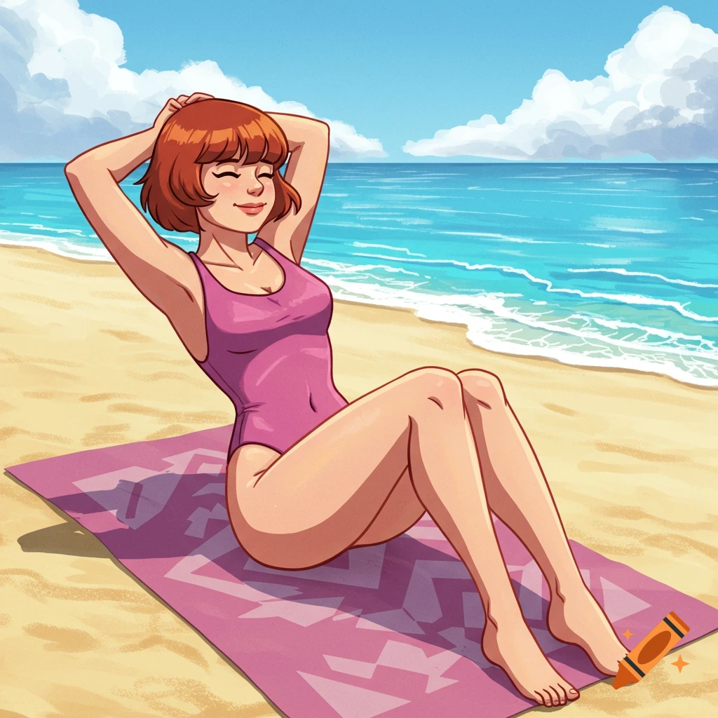 Cartoon illustration of a red-haired woman in a pink swimsuit sunbathing on a purple blanket at a sandy beach with the ocean behind her.