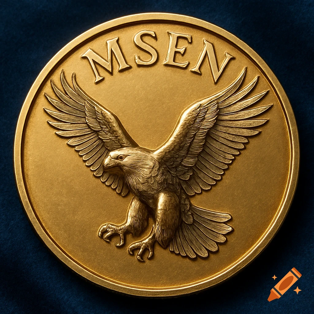 A close-up of a gold coin with a detailed eagle engraving and the word 'MSEN' at the top.
