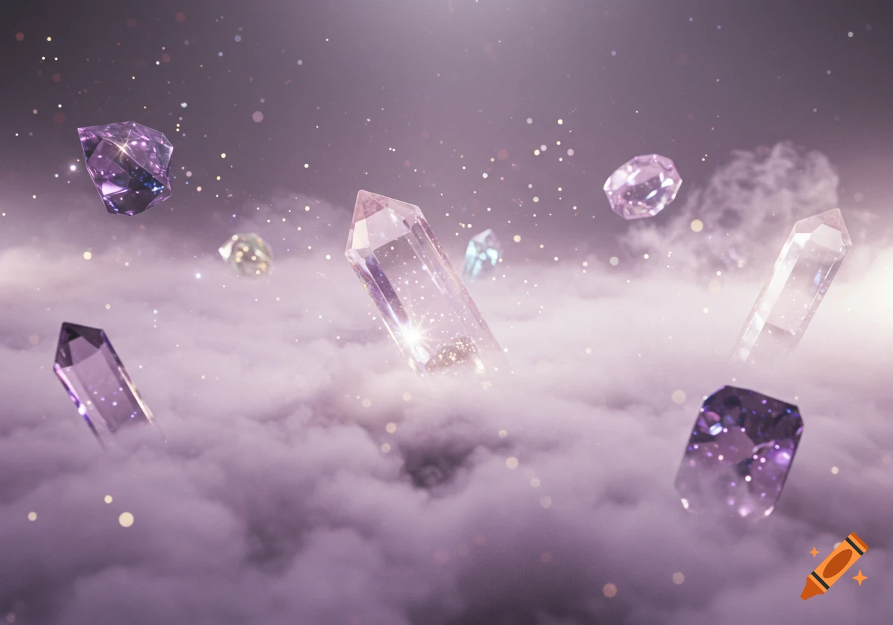 Purple and clear crystals float in a pale lavender mist with scattered sparkling lights, ethereal.