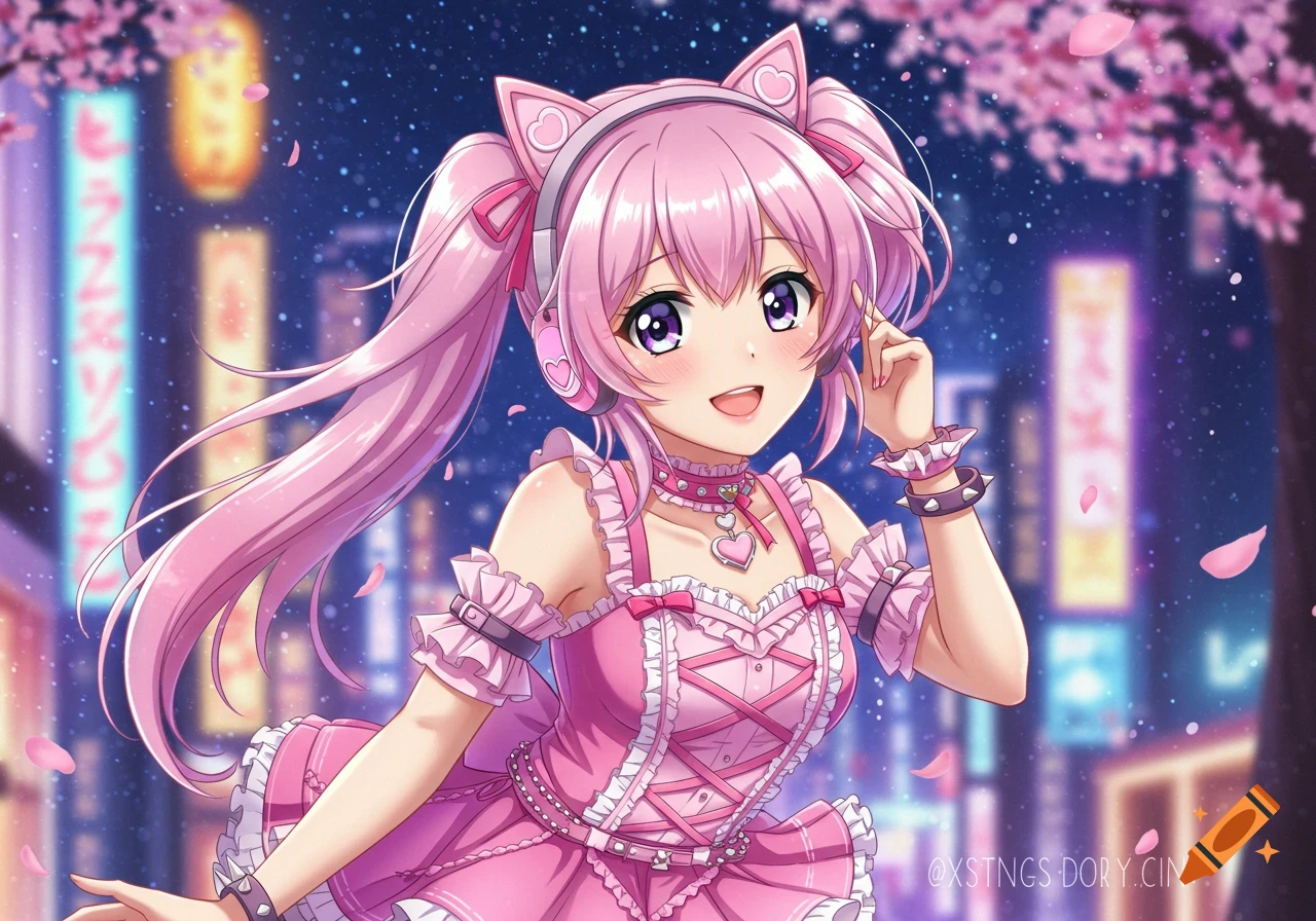 An anime girl with pink hair, cat ear headphones, and a frilly pink dress smiles in a cherry blossom-filled city night scene.