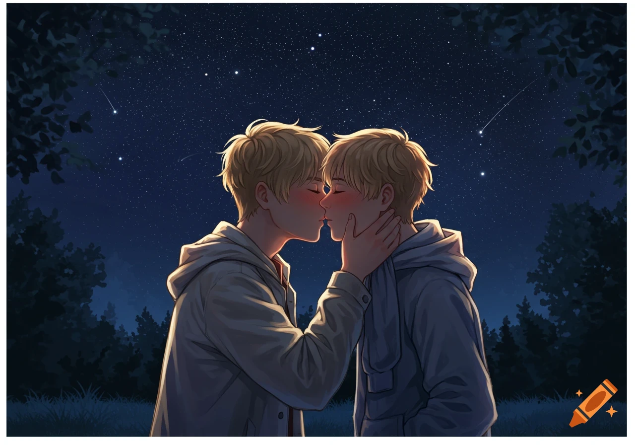 Two blonde young men sharing a gentle kiss under a vibrant starry night sky, framed by dark trees, in an anime art style.