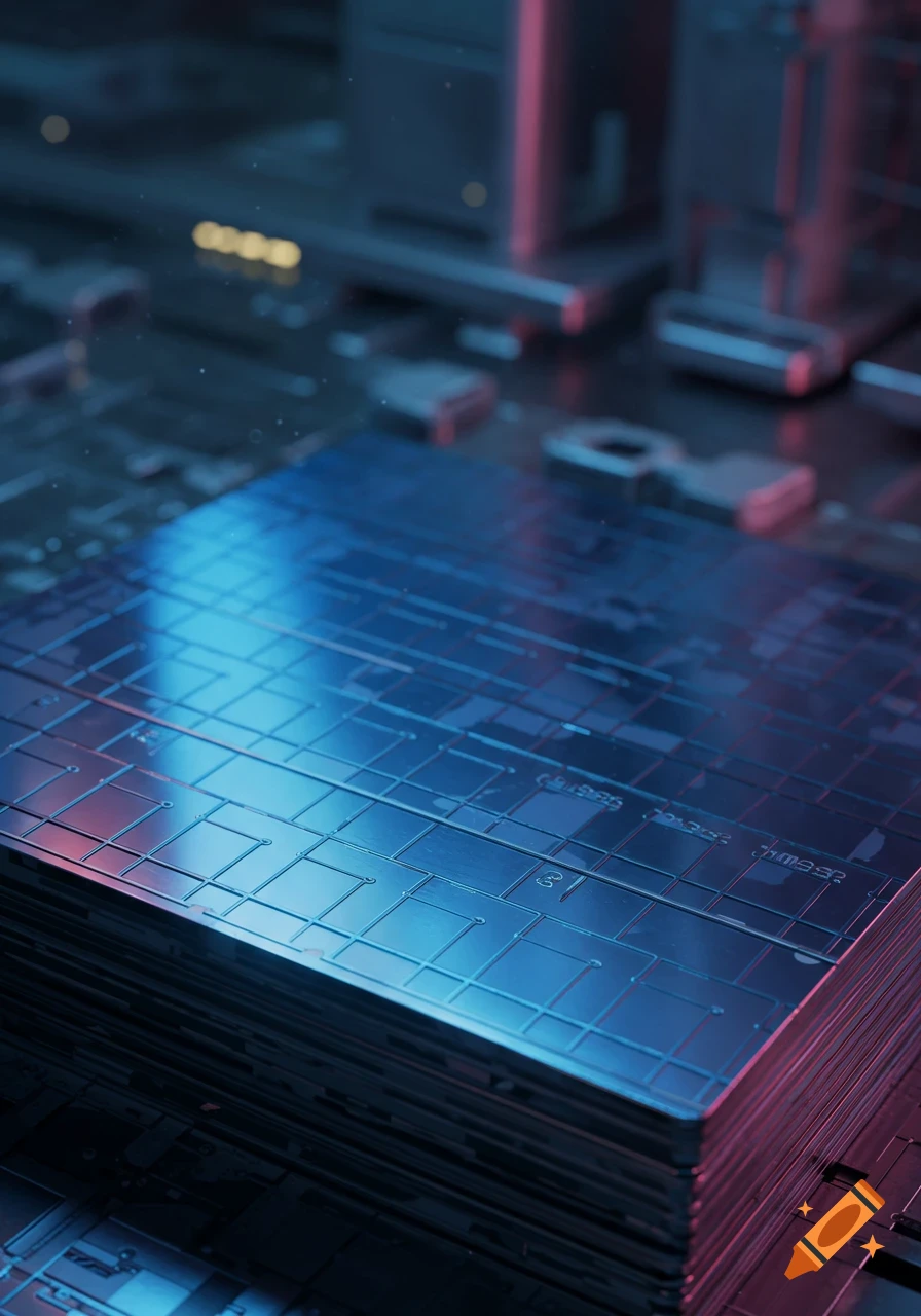 Close-up of stacked silicon wafers or circuit boards, glowing with blue and pink light. Detailed, futuristic style.