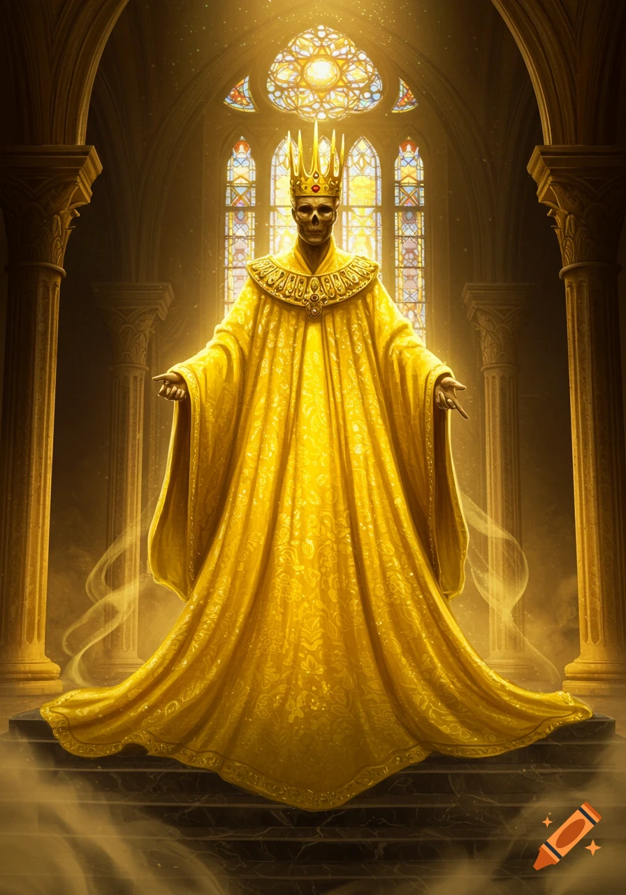 Skeletal king in a golden robe and crown stands in a sunlit gothic cathedral with stained glass.