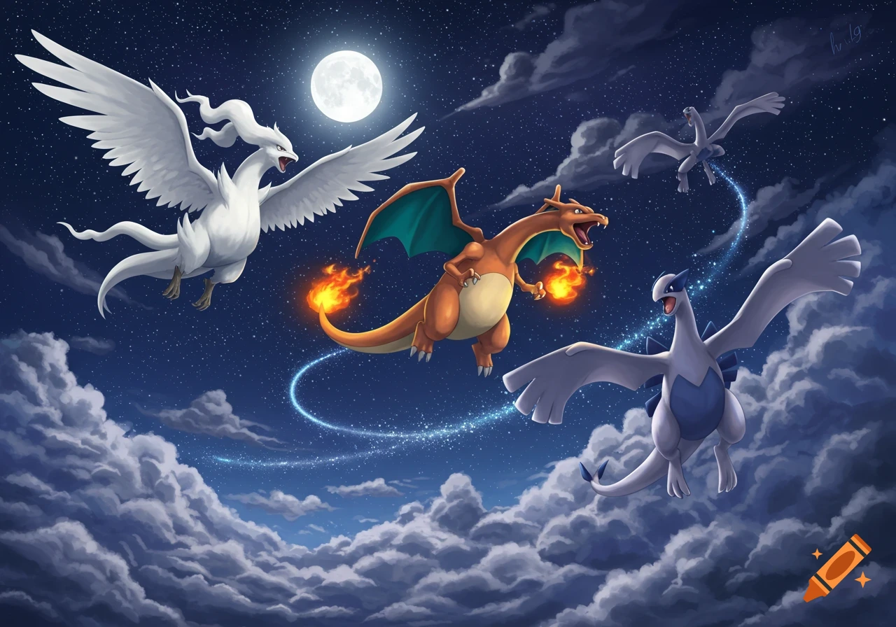 Reshiram, Charizard, and Lugia fly across a starry night sky with a full moon and clouds.