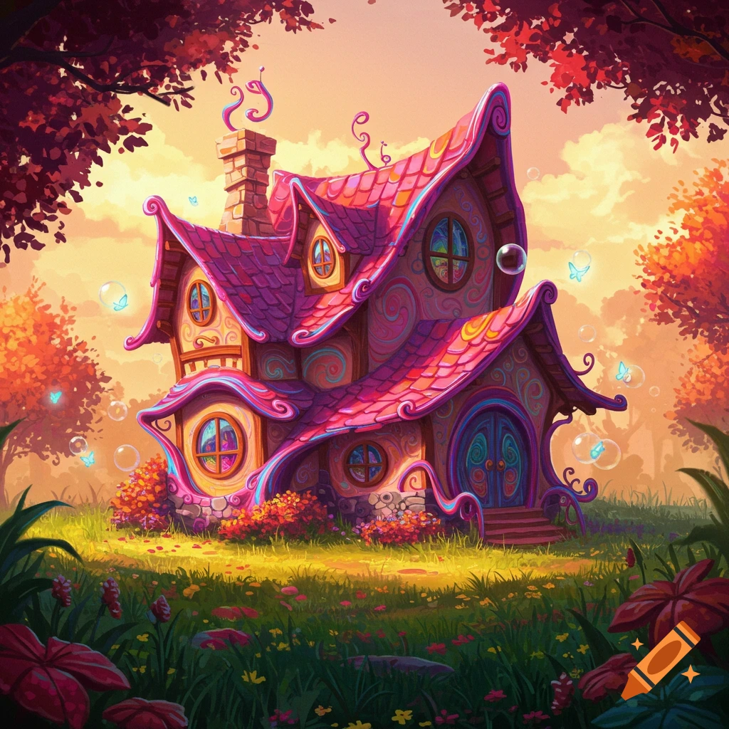 A whimsical, brightly colored fantasy house with a pink roof in a sunny, autumn-colored forest with glowing butterflies.