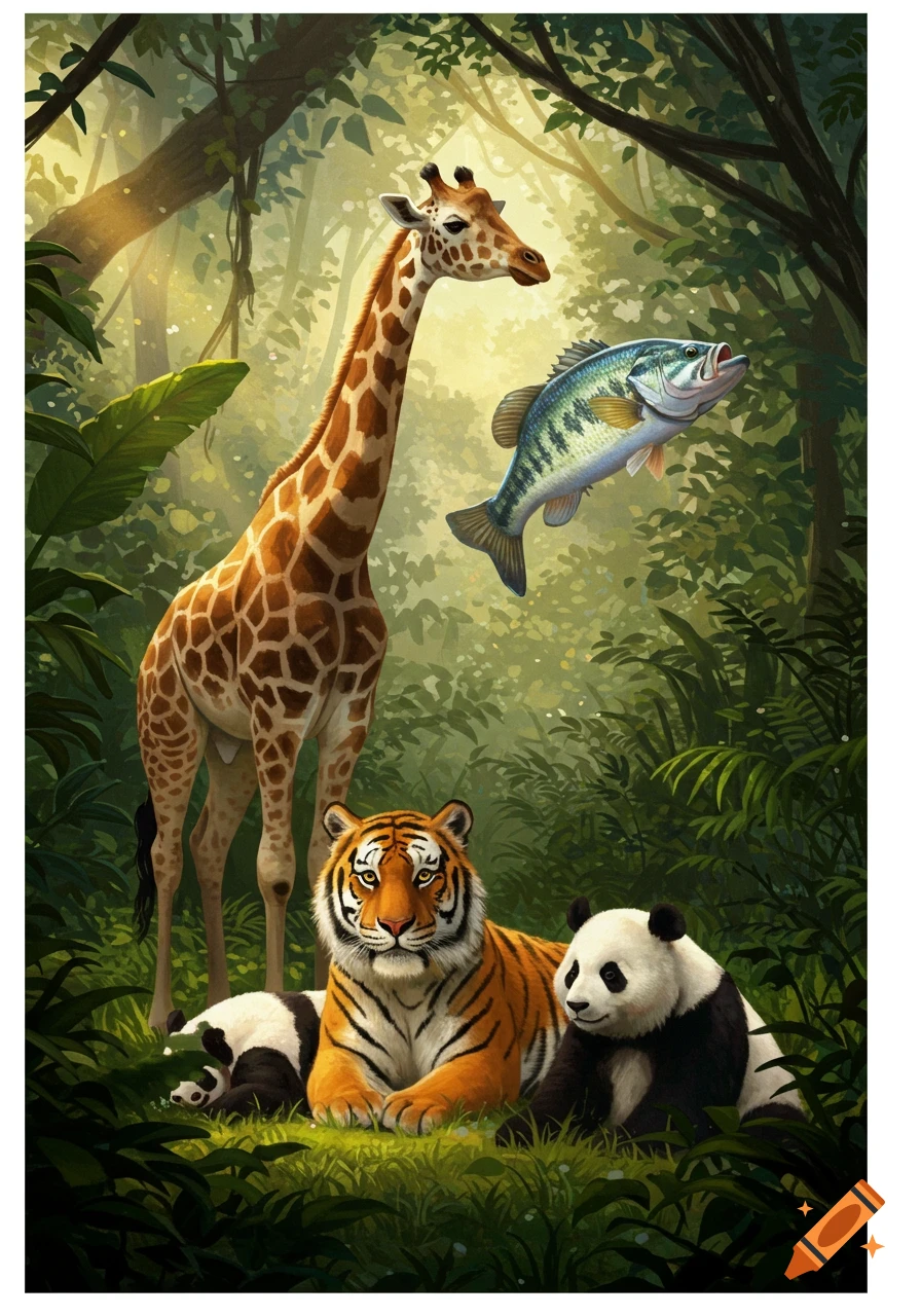A giraffe, tiger, panda, and a fish in a sunny jungle, digital illustration.