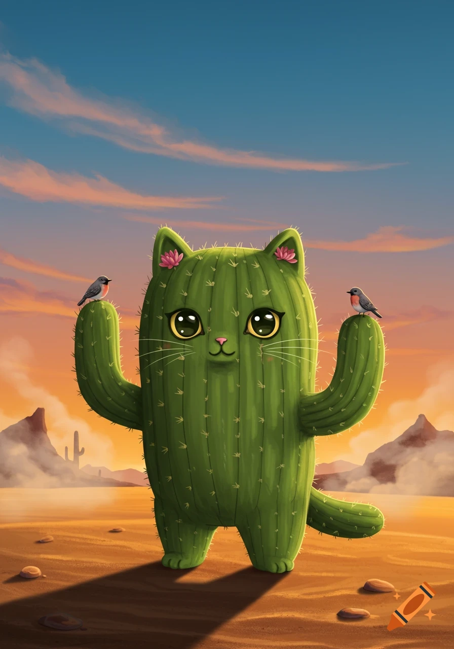 Cute cartoon cactus cat with pink flowers for ears, two small birds perched on its arms, standing in a desert at sunset.