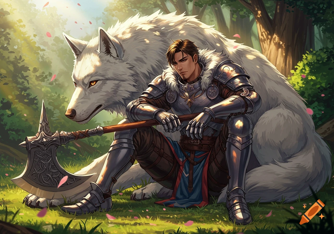 Anime style male warrior in armor with a battle-axe sitting and leaning against a giant white wolf in a sunlit forest.