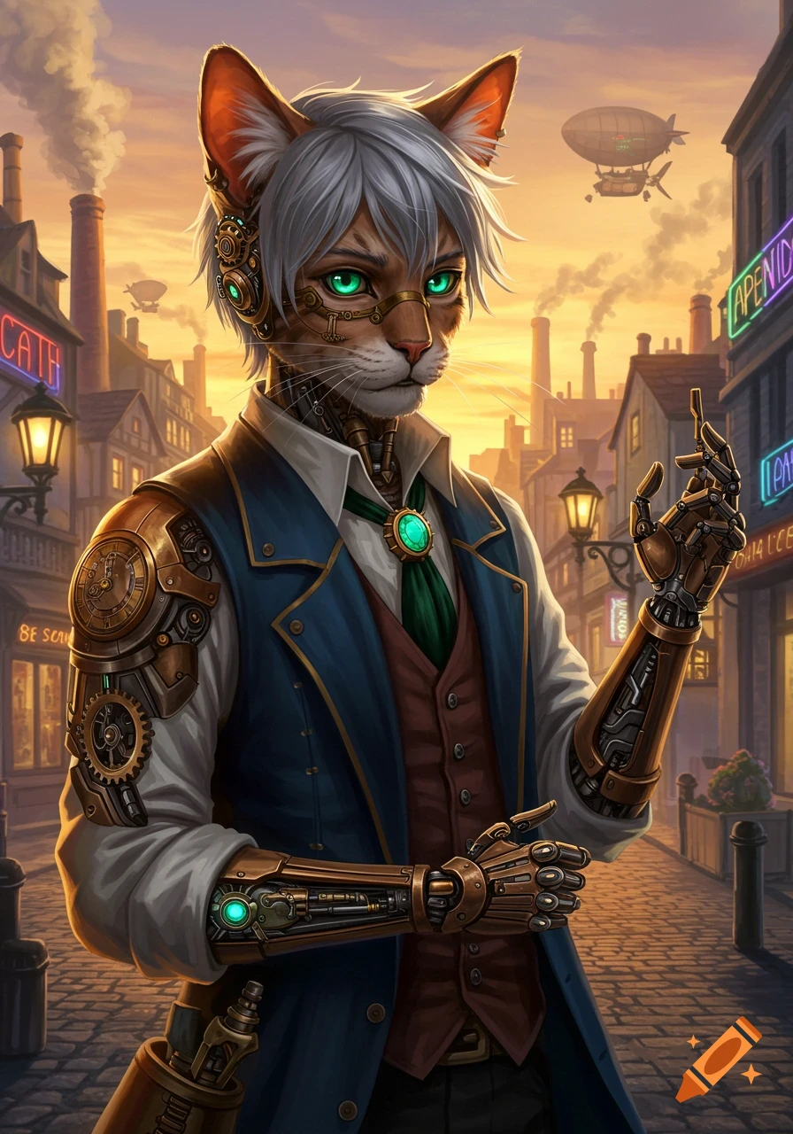 Steampunk cat-boy with mechanical arms and glowing green eyes stands in an industrial city street at sunset.