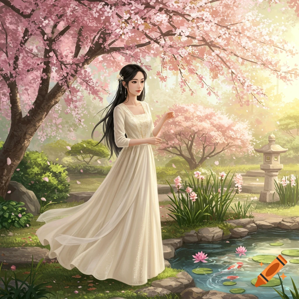 Asian girl in a cream dress stands by a pond with lily pads and koi, under pink cherry blossom trees in a serene garden; digital art.