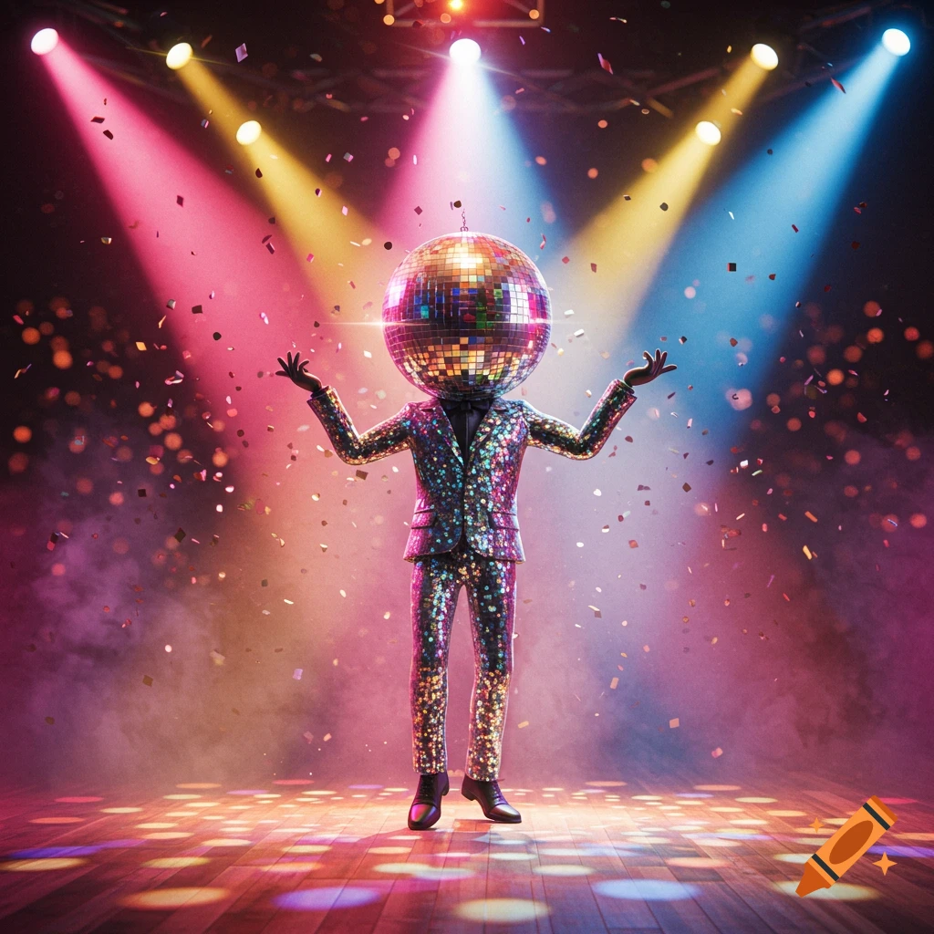 A person with a disco ball head wearing a sparkly suit stands on a stage with confetti and colorful spotlights.