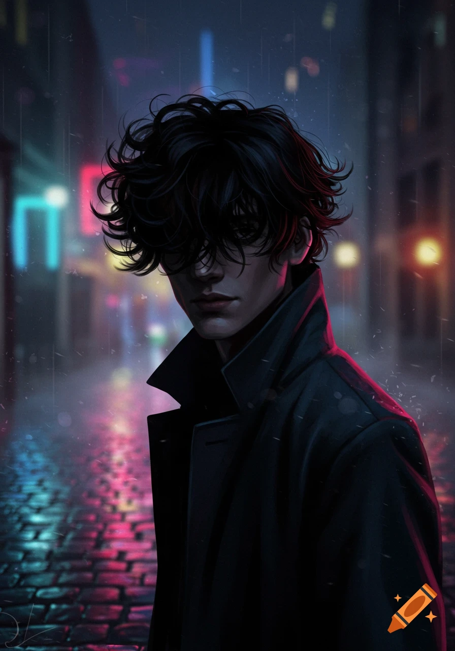 A moody digital art portrait of a person with dark curly hair covering their eyes, wearing a black coat in a rainy, neon-lit urban street at night.