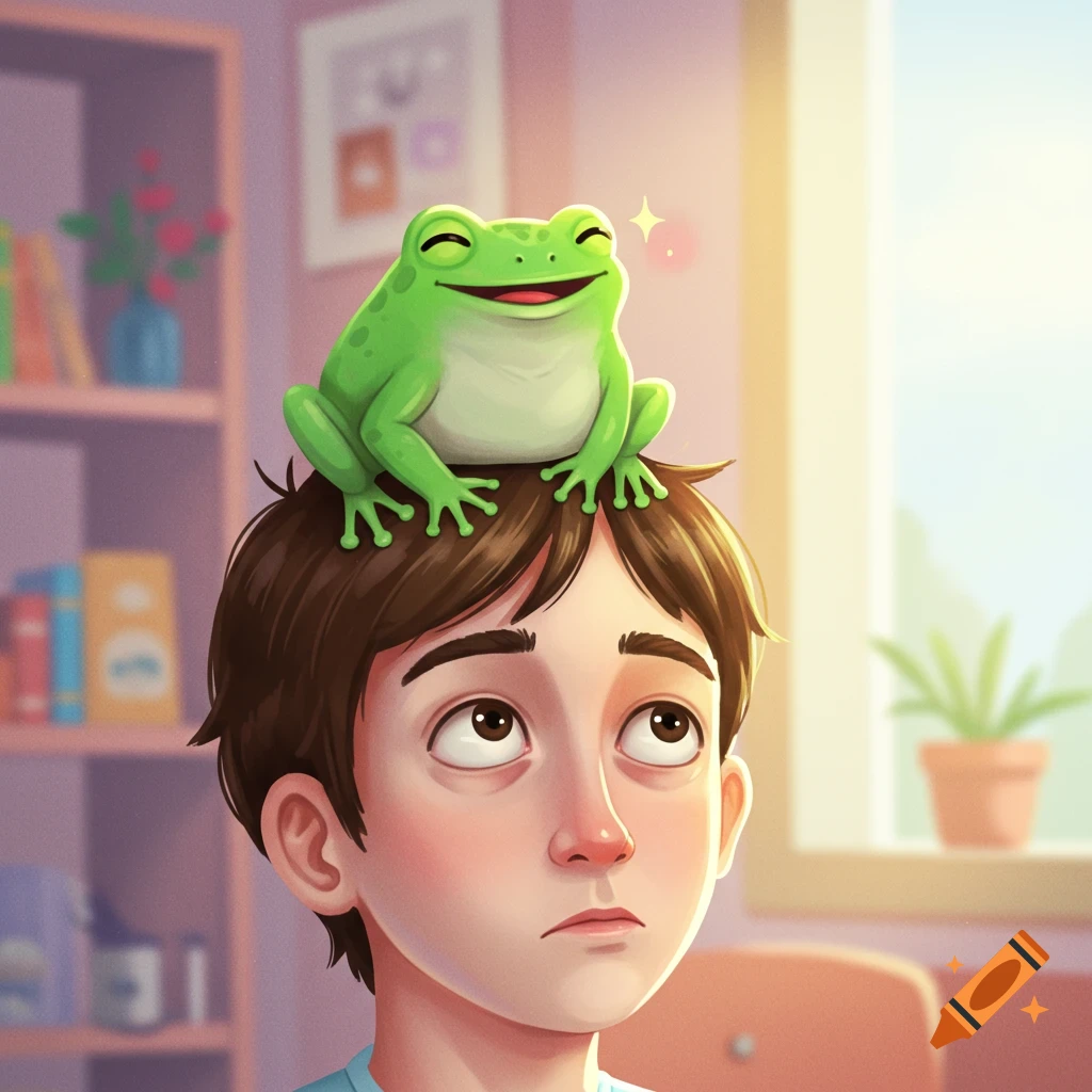 Cartoon boy with a smiling green frog on his head, looking up in a brightly lit room with a bookshelf and window.